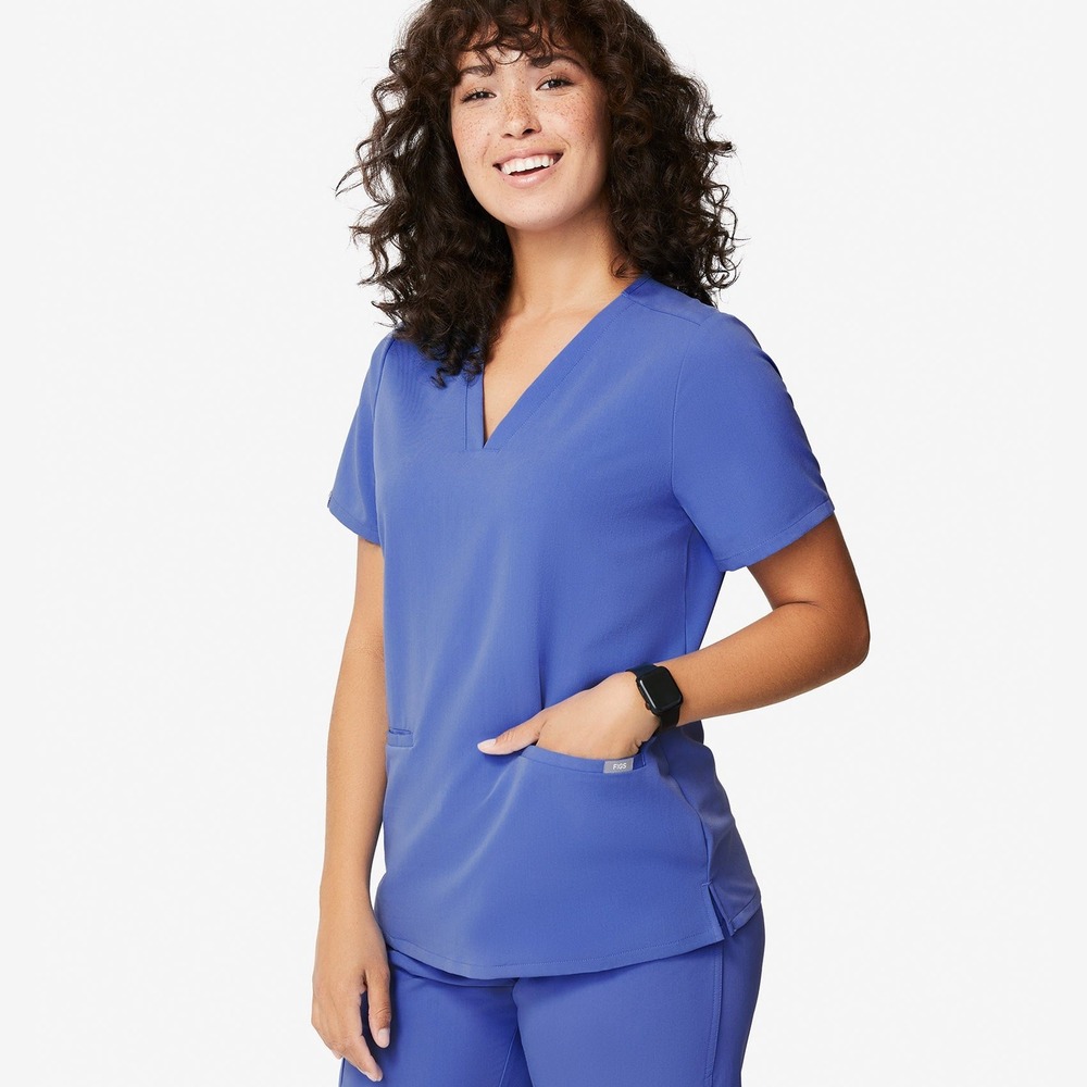 FIGS Casma Three Pocket Scrub Top XXS Denim Blue‎ Technical